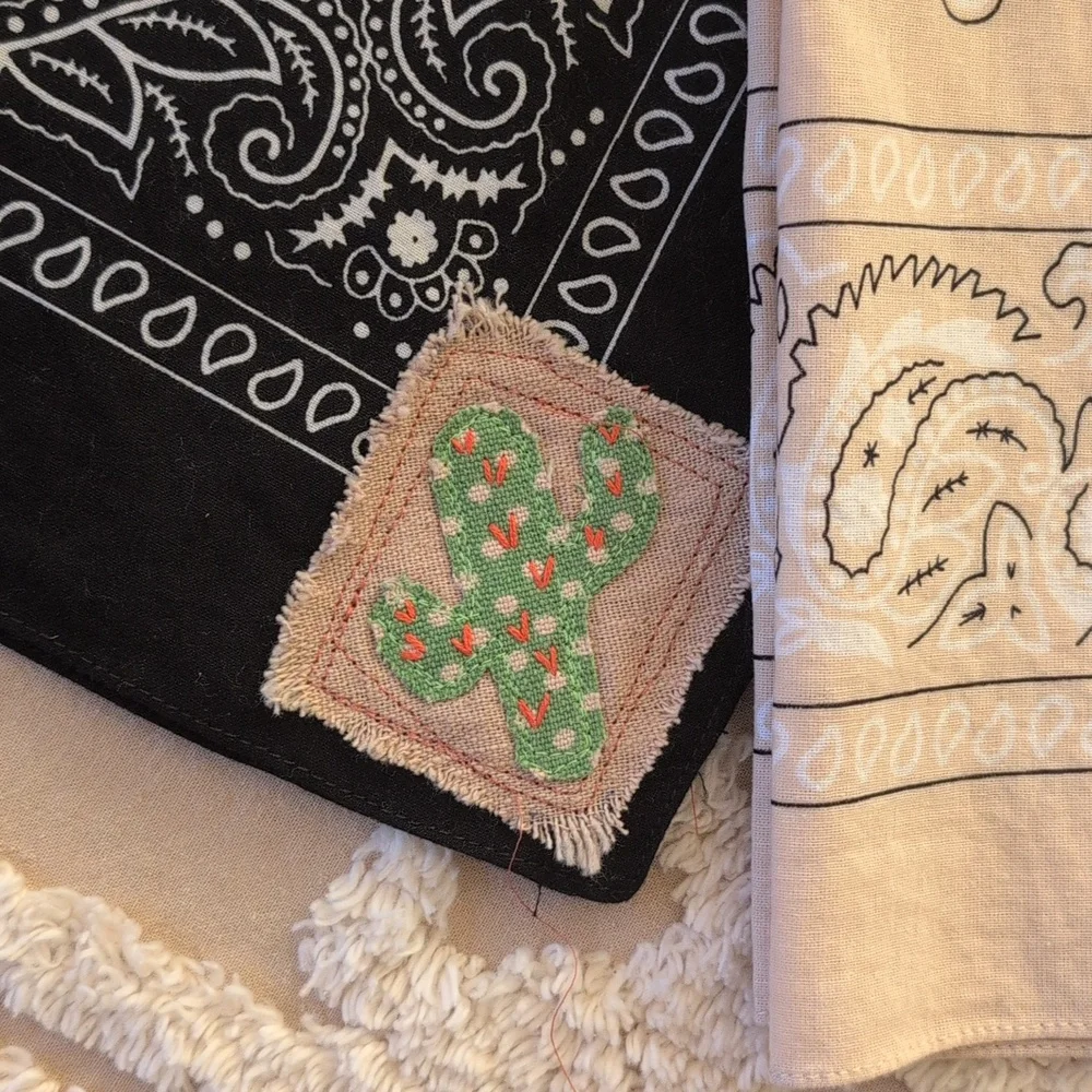 Bandana scarf w cactus, upcycled, embroidery cactus patch, Pick 1 HANDMADE ITEM - Picture 3 of 16